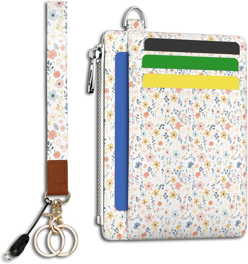 Hancynir Florals Slim Wallet Women Credit Card Holder, RFID Blocking Front Pocket Wallet Wristlet Keychain Lanyard, Small Cute Mini Card Case, Thin Travel Zipper Coin PU Leather Ladies Female Gifts - Image 1
